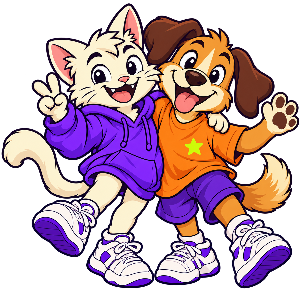 Two male cartoon best friends: a cream cat in a purple hoodie and a caramel dog in an orange shirt